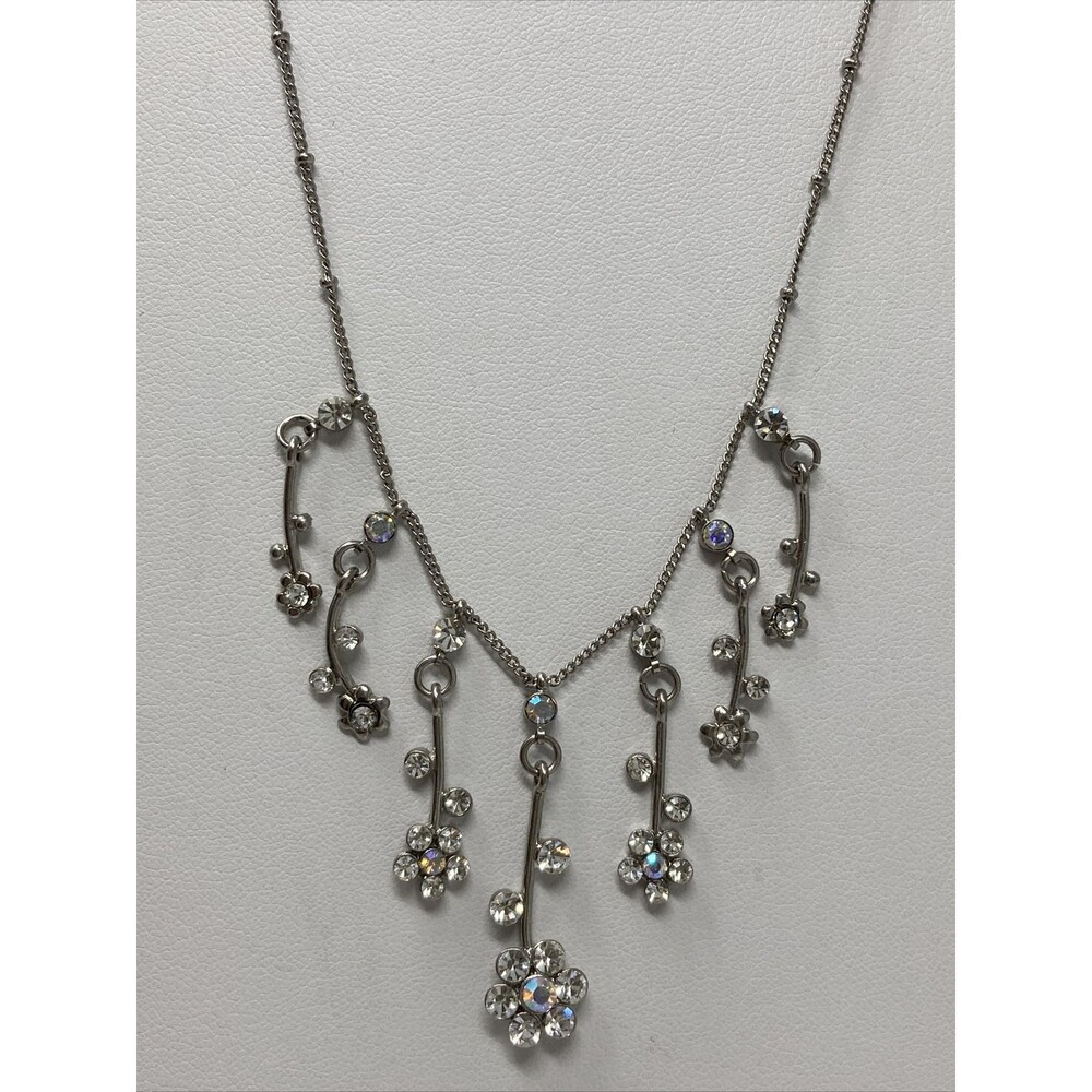YOUSI Clear AB Crystal Dangle Necklace Silver Tone Flower Design